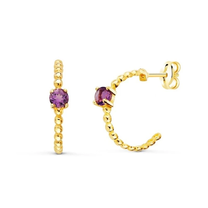 Aros Pendientes Oro 18k mujer 13 mm. bolas amatista centro ancho 3 mm