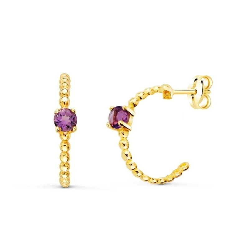 Aros Pendientes Oro 18k mujer 13 mm. bolas amatista centro ancho 3 mm