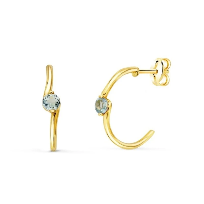 Aros Pendientes Oro 18k mujer 15 mm. aguamarina centro dos hilos 3 mm