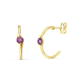 Aros Pendientes Oro 18k mujer 15 mm. amatista centro dos hilos lisos