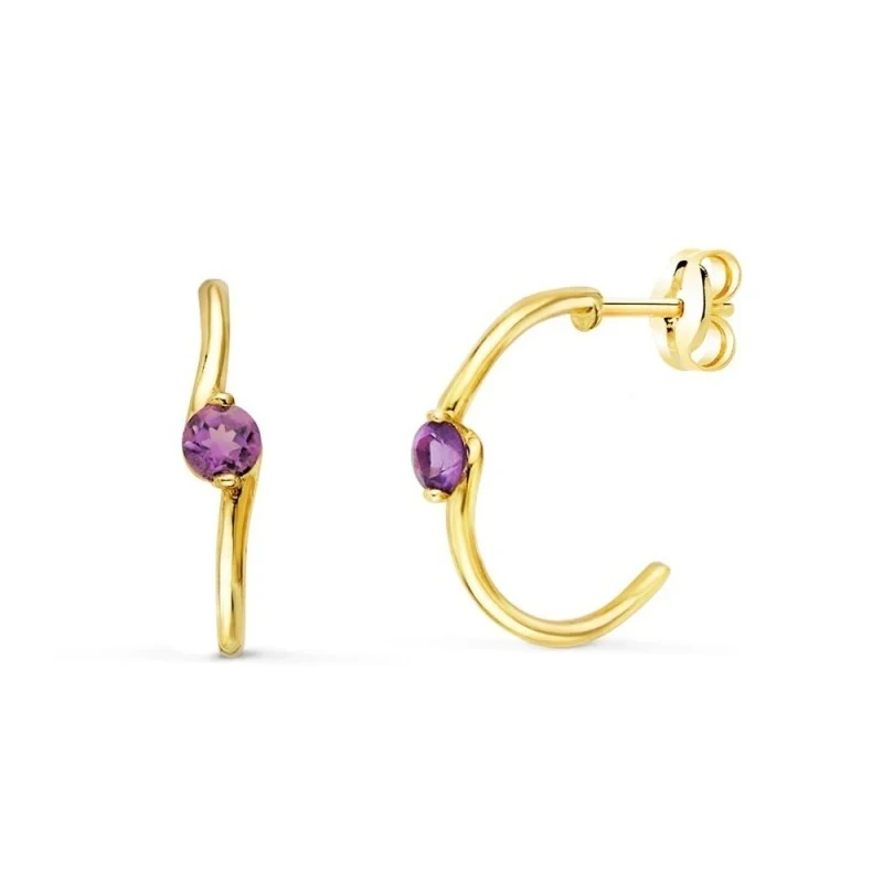 Aros Pendientes Oro 18k mujer 15 mm. amatista centro dos hilos lisos