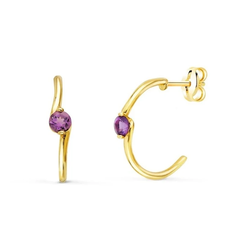 Aros Pendientes Oro 18k mujer 15 mm. amatista centro dos hilos lisos