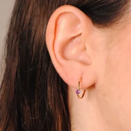 Aros Pendientes Oro 18k mujer 15 mm. amatista centro dos hilos lisos