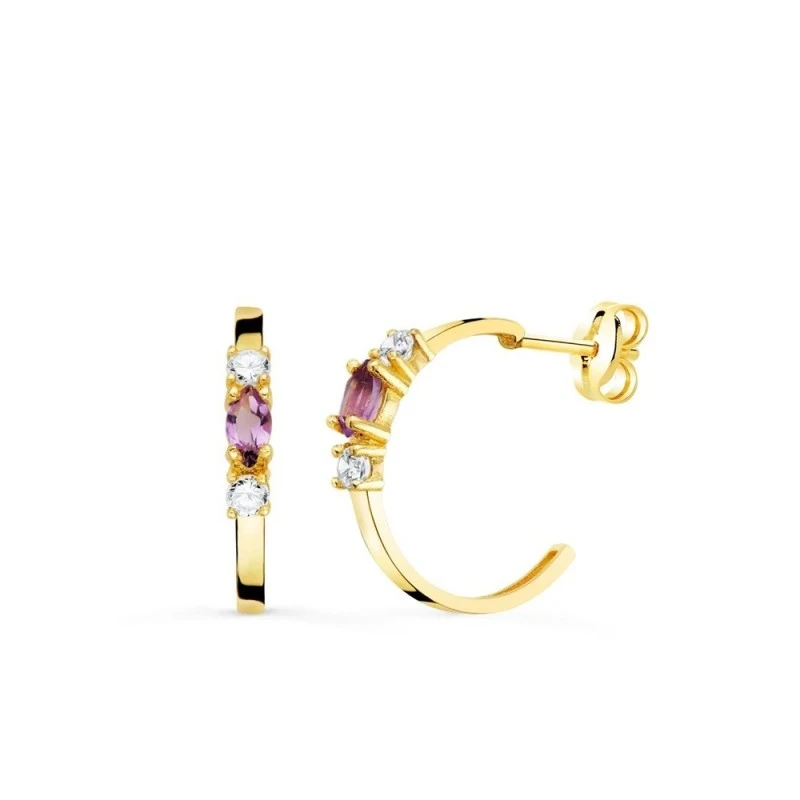 Aros Pendientes Oro 18k mujer 15 mm. amatista rectangular circonitas