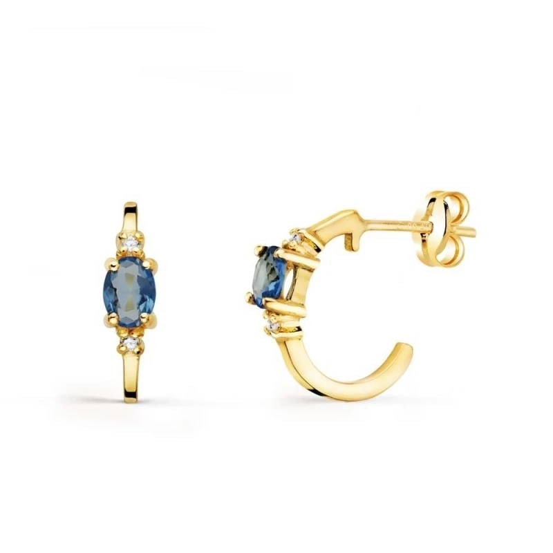 Aros Pendientes Oro 18k mujer 12 mm. aguamarina ovalada circonitas an