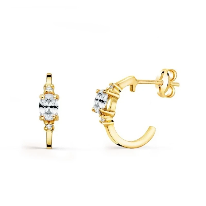 Aros Pendientes Oro 18k mujer 12 mm. circonita ovalada ancho 3 mm.