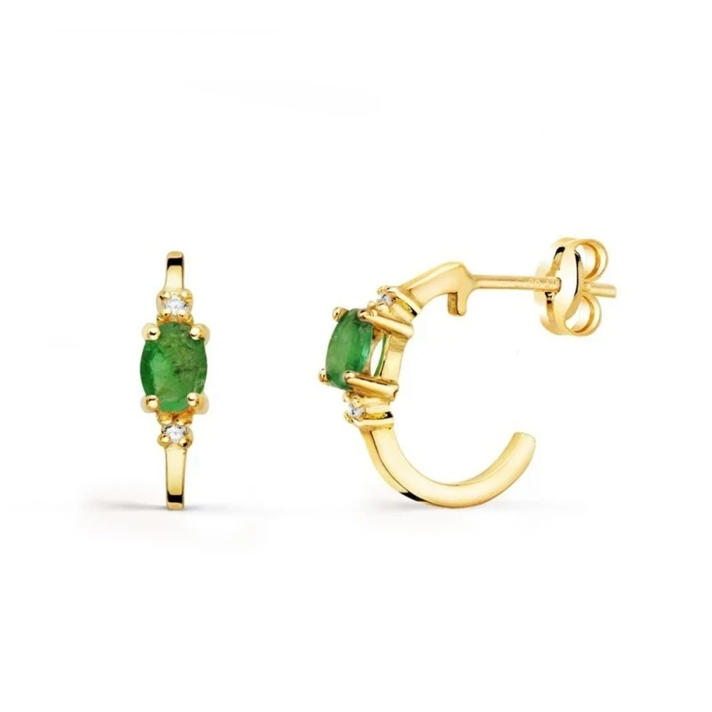 Aros Pendientes Oro 18k mujer 12 mm. esmeralda ovalada circonitas anc