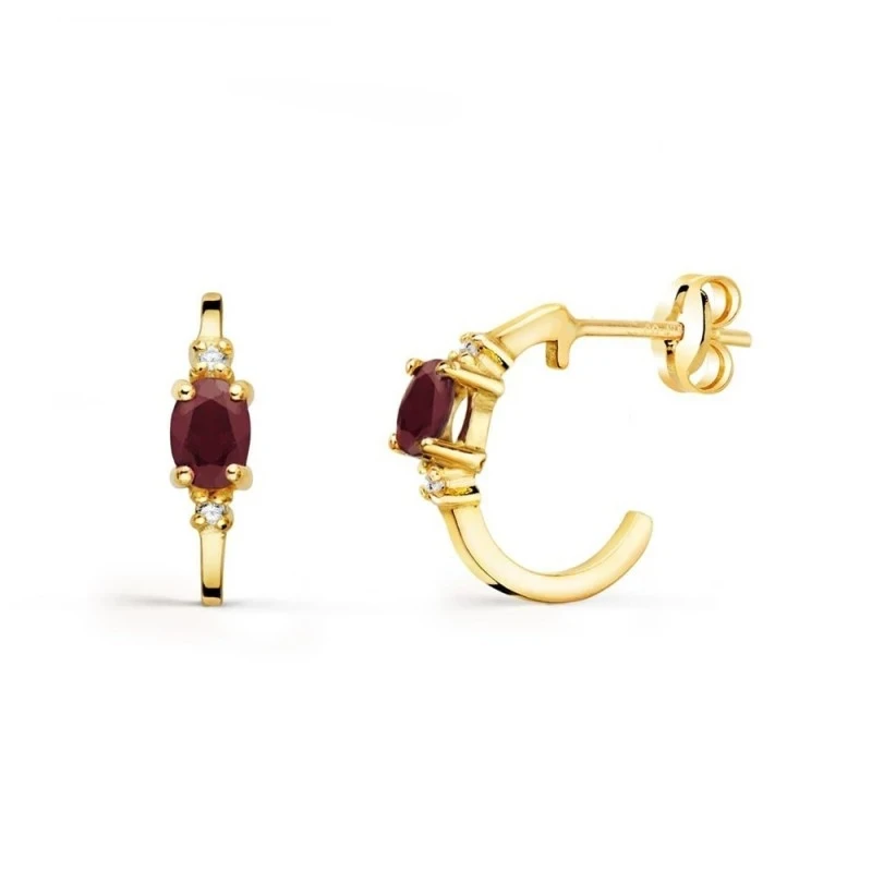Aros Pendientes Oro 18k mujer 12 mm. rubí ovalado circonitas ancho 3