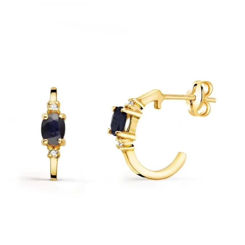 Aros Pendientes Oro 18k mujer 12 mm. zafiro ovalado circonitas ancho