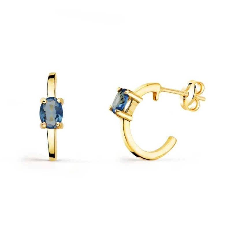 Aros Pendientes Oro 18k mujer 12 mm. aguamarina ovalada abiertos anch
