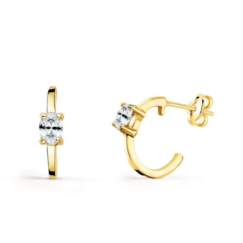 Aros Pendientes Oro 18k mujer 12 mm. circonita ovalada ancho 3 mm.