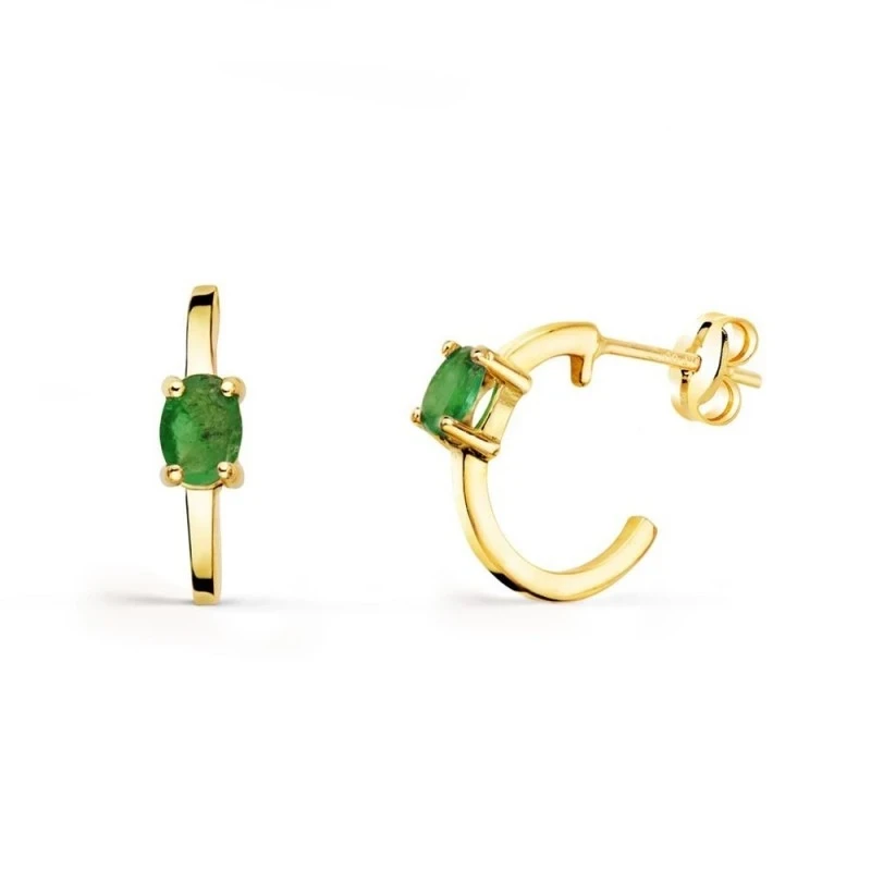 Aros Pendientes Oro 18k mujer 12 mm. esmeralda ovalada ancho 3 mm.