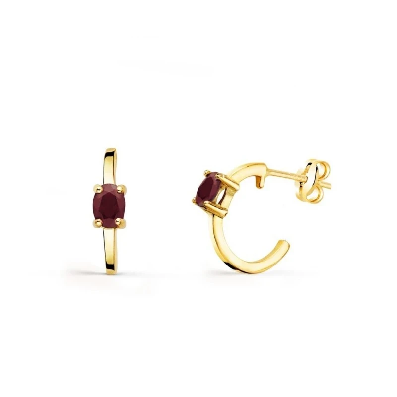 Aros Pendientes Oro 18k mujer 12 mm. rubí ovalado ancho 3 mm.