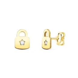 Pendientes Oro 18k forma candado 8 mm. liso circonita centro