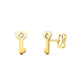 Pendientes Oro 18k forma llave 8 mm. liso circonita centro