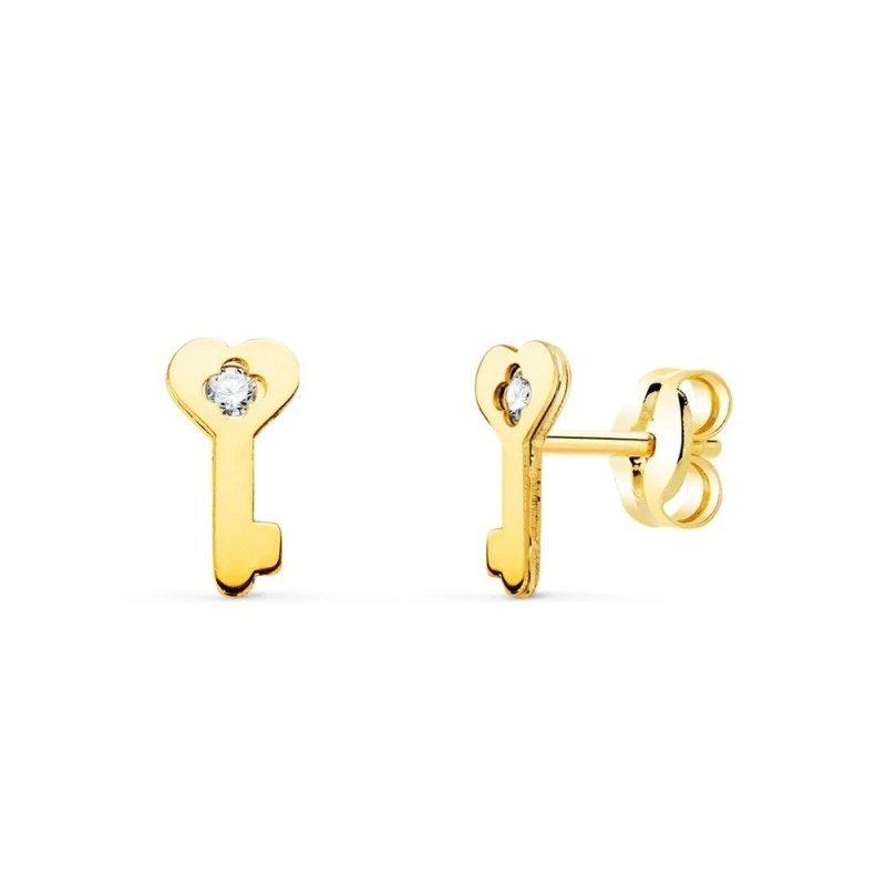 Pendientes Oro 18k forma llave 8 mm. liso circonita centro