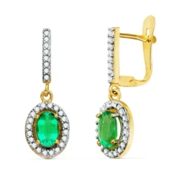 Pendientes Oro Bicolor 18k mujer 22 mm. dos cuerpos esmeralda 6 mm. o