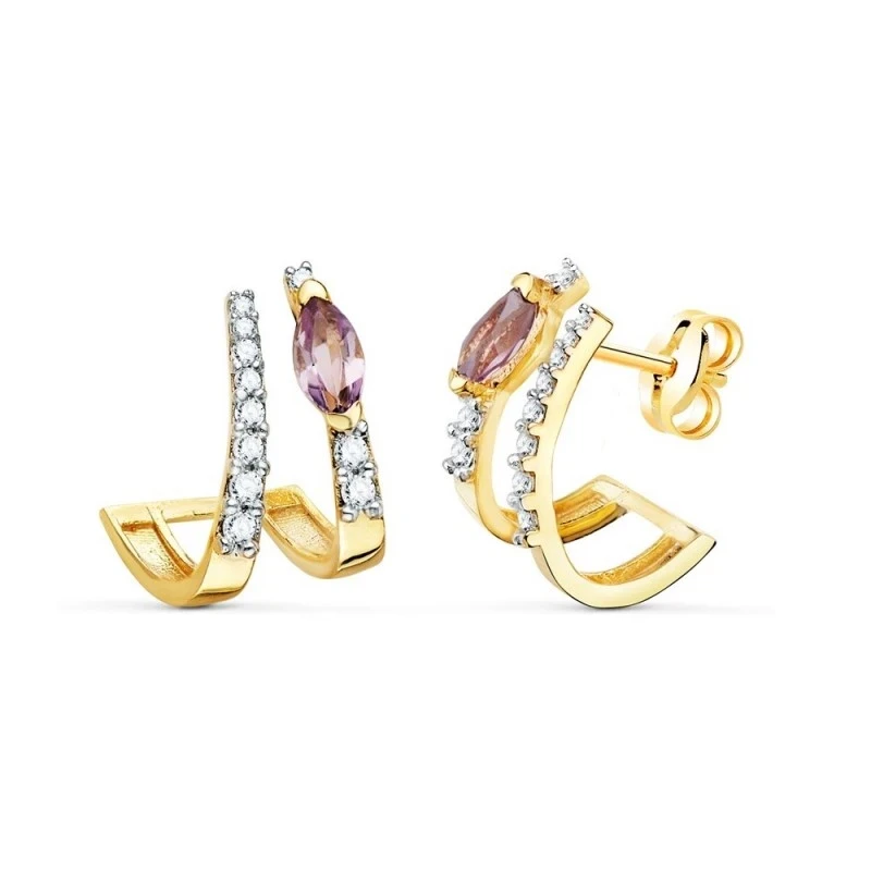 Pendientes Oro 18k mujer 15 mm. dos bandas amatista ovalada combinada