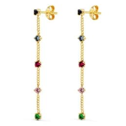 Pendientes Largos Oro 18k mujer 39 mm. cadena circonitas colores comb