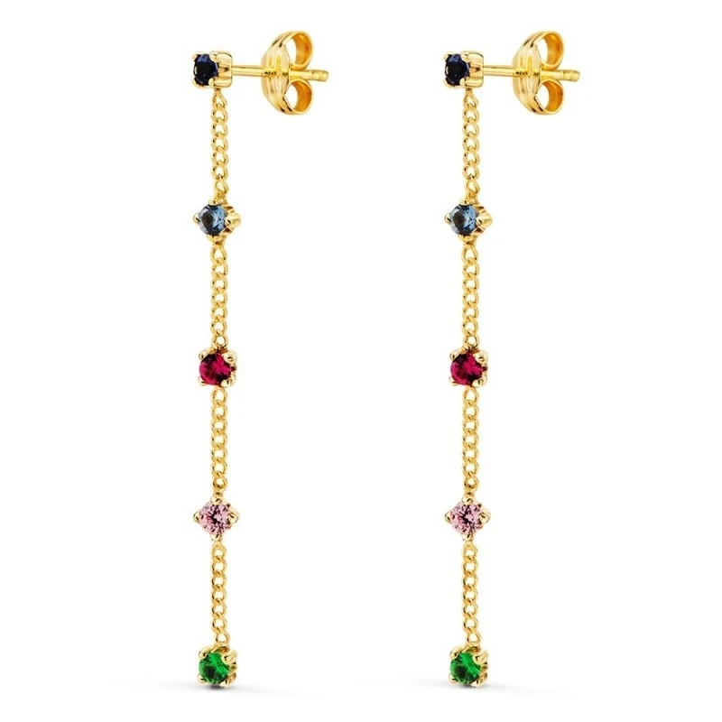 Pendientes Largos Oro 18k mujer 39 mm. cadena circonitas colores comb