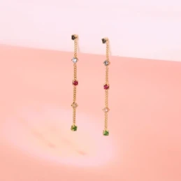 Pendientes Largos Oro 18k mujer 39 mm. cadena circonitas colores comb