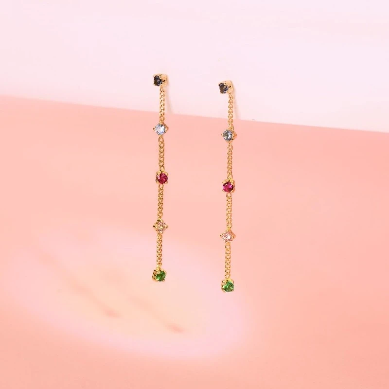 Pendientes Largos Oro 18k mujer 39 mm. cadena circonitas colores comb