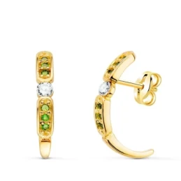 Pendientes Oro 18k mujer 16 mm. medio aro circonitas verdes combinada