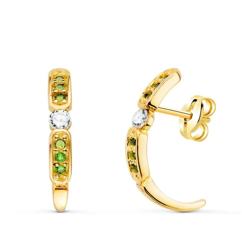 Pendientes Oro 18k mujer 16 mm. medio aro circonitas verdes combinada