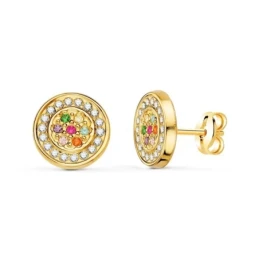 Pendientes Oro 18k mujer 9 mm. redondos circonitas colores combinados