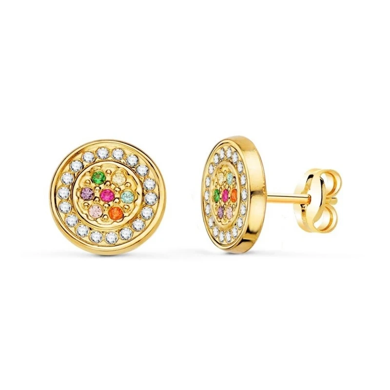 Pendientes Oro 18k mujer 9 mm. redondos circonitas colores combinados