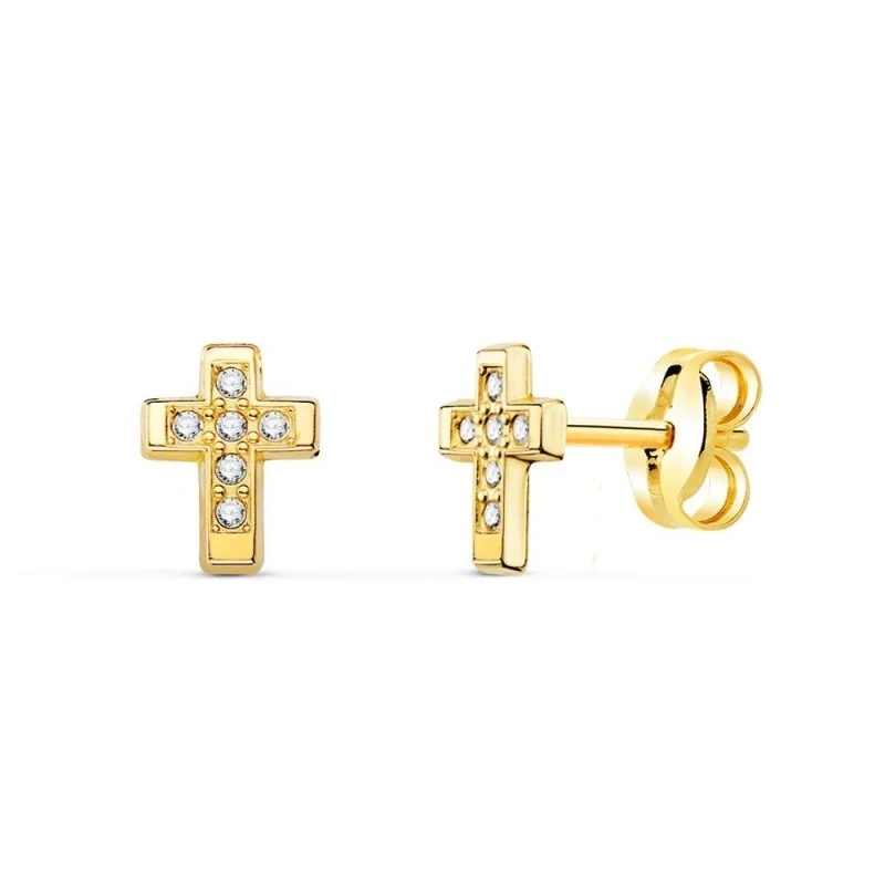 Pendientes Oro 18k mujer 6.5 mm. forma cruz circonitas