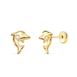 Pendientes Oro 18k niña 8 mm. forma delfín circonita centro
