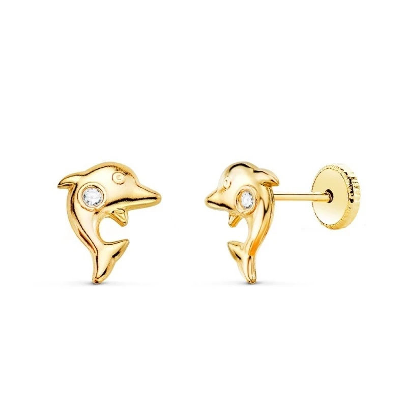 Pendientes Oro 18k niña 8 mm. forma delfín circonita centro
