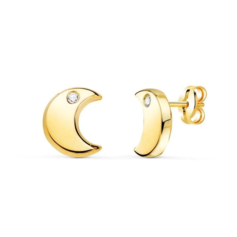 Pendientes Oro 18k mujer 9 mm. forma luna lisa detalle circonita
