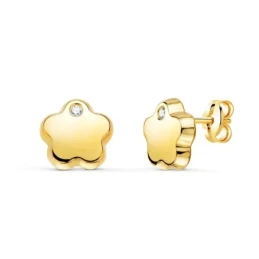 Pendientes Oro 18k mujer 7 mm. forma flor lisa detalle circonita