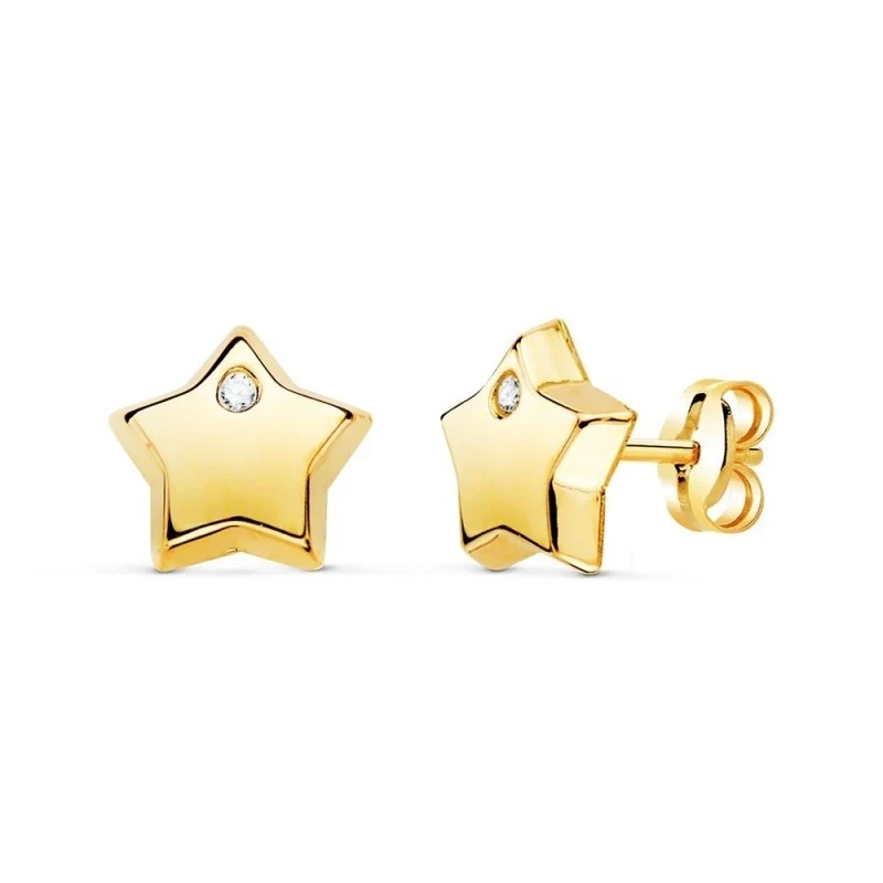 Pendientes Oro 18k mujer 7 mm. forma estrella lisa detalle circonita