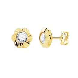 Pendientes Oro 18k flor 7 mm. tallada detalle circonita centro