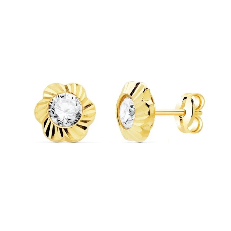 Pendientes Oro 18k flor 7 mm. tallada detalle circonita centro