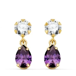 Pendientes Largos Oro 18k mujer 16 mm. dos cuerpos amatista forma lág
