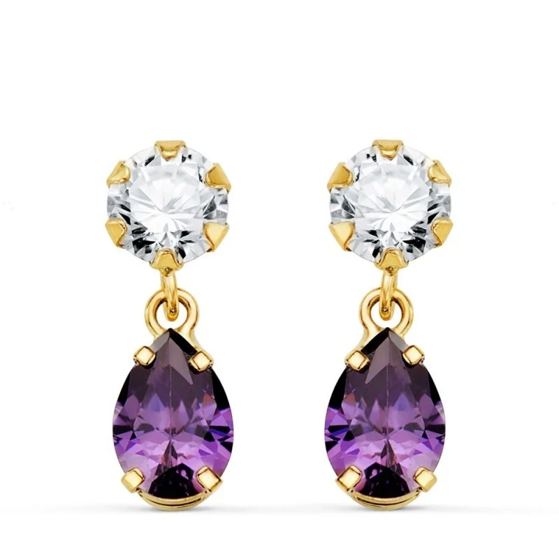 Pendientes Largos Oro 18k mujer 16 mm. dos cuerpos amatista forma lág