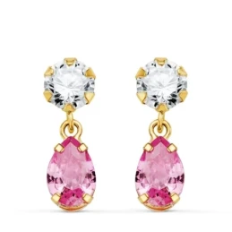 Pendientes Largos Oro 18k mujer 16 mm. dos cuerpos piedra rosa forma