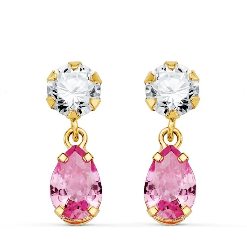 Pendientes Largos Oro 18k mujer 16 mm. dos cuerpos piedra rosa forma