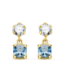 Pendientes Oro 18k mujer 14 mm. dos cuerpos aguamarina cuadrada combi
