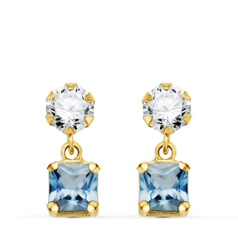 Pendientes Oro 18k mujer 14 mm. dos cuerpos aguamarina cuadrada combi