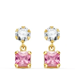 Pendientes Oro 18k mujer 14 mm. dos cuerpos circonita cuadrada rosa c