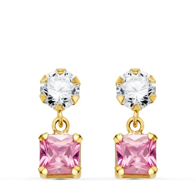 Pendientes Oro 18k mujer 14 mm. dos cuerpos circonita cuadrada rosa c