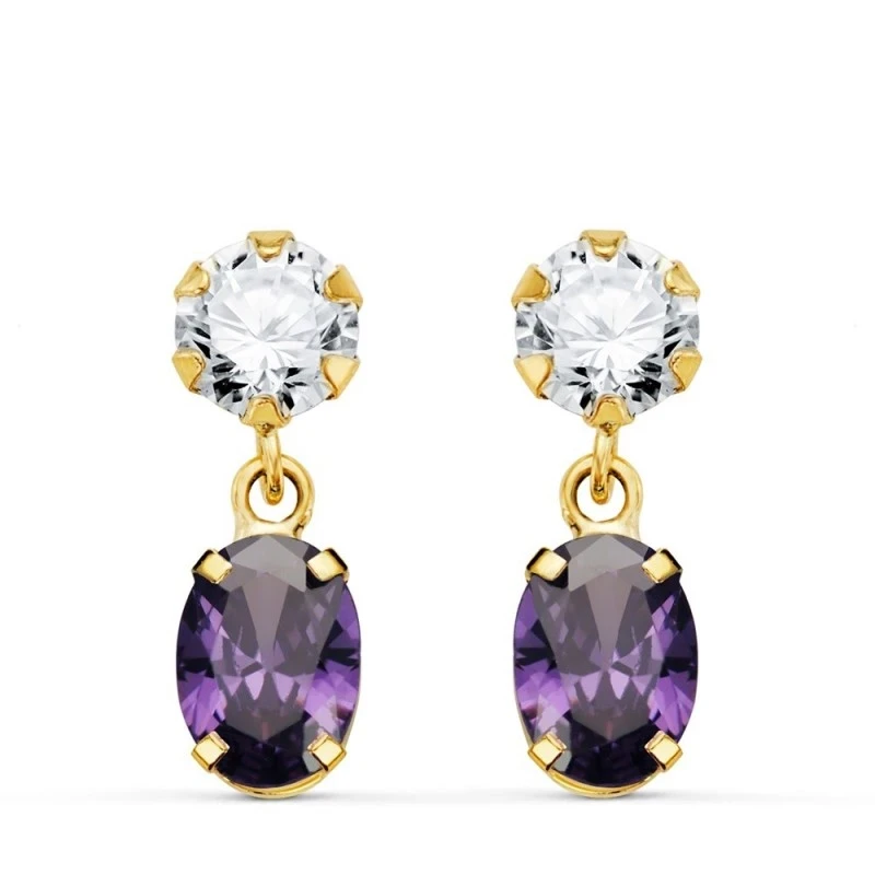 Pendientes Oro 18k mujer 16 mm. dos cuerpos amatista ovalada combinad