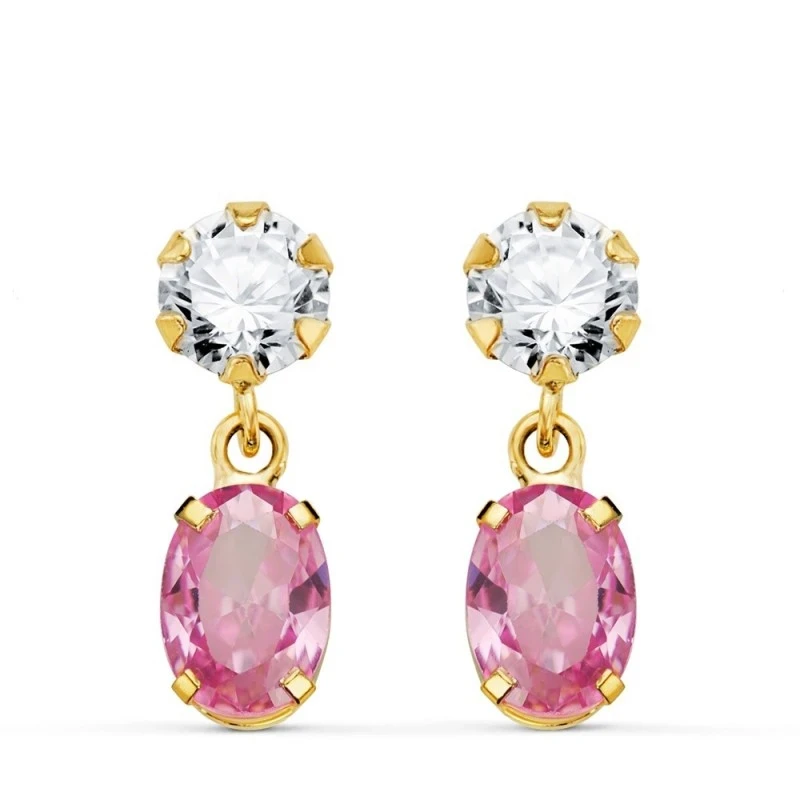 Pendientes Oro 18k mujer 16 mm. dos cuerpos circonita ovalada rosa co