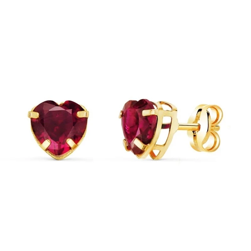 Pendientes Oro 18k mujer 6 mm. piedra color granate forma corazón