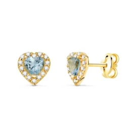 Pendientes Oro 18k mujer 6.5 mm. forma corazón aguamarina centro comb